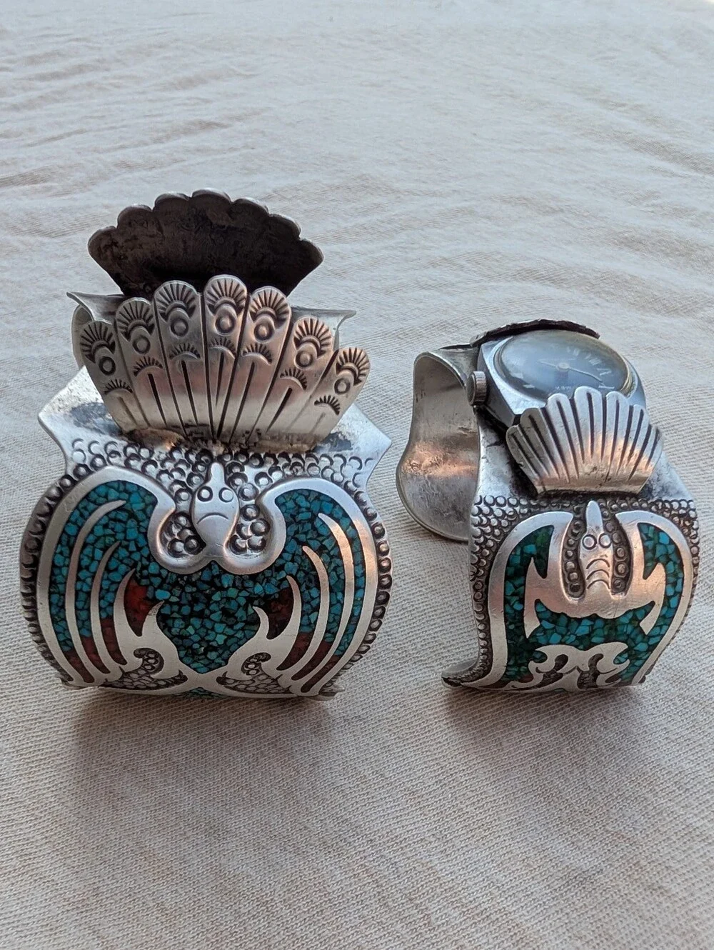 Vintage His And Hers Sterling Turquoise Thunderbird Watch Bands Franklin Navajo